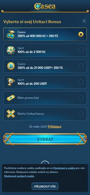 Mobilní web Casea, výběr uvítacího bonusu v češtině